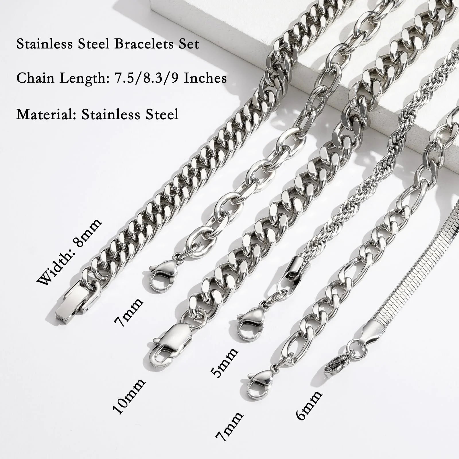6 Pcs Silver Bracelets for Men Boys Women Stainless Steel Cuban Link Curb Rope Paperclip Figaro Herringbone Chain Bracelets Set Birthday Jewelry Gifts Ideas Teen Kids Age 6.5/7/7.5/8.3/9 Inches